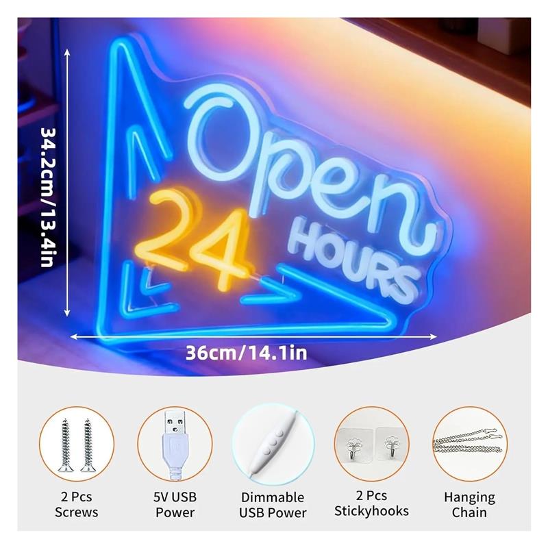 Open 24 Hours Neon Sign USB Po - Decor Lighting Opening Hours recension och pris