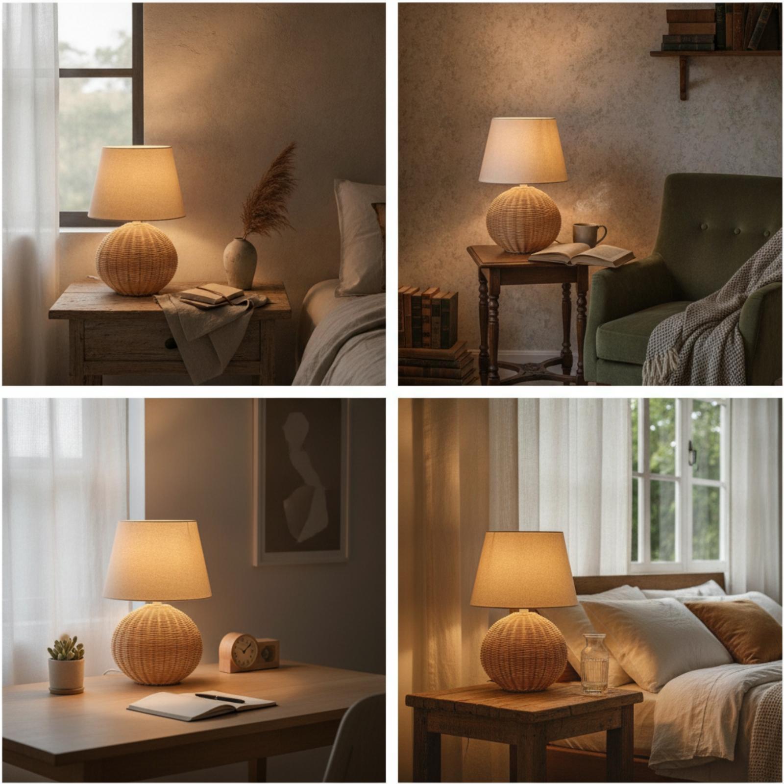 Bedside Lamp Rattan Base Fabri - Room Lighting Bedroom Decor recension och pris